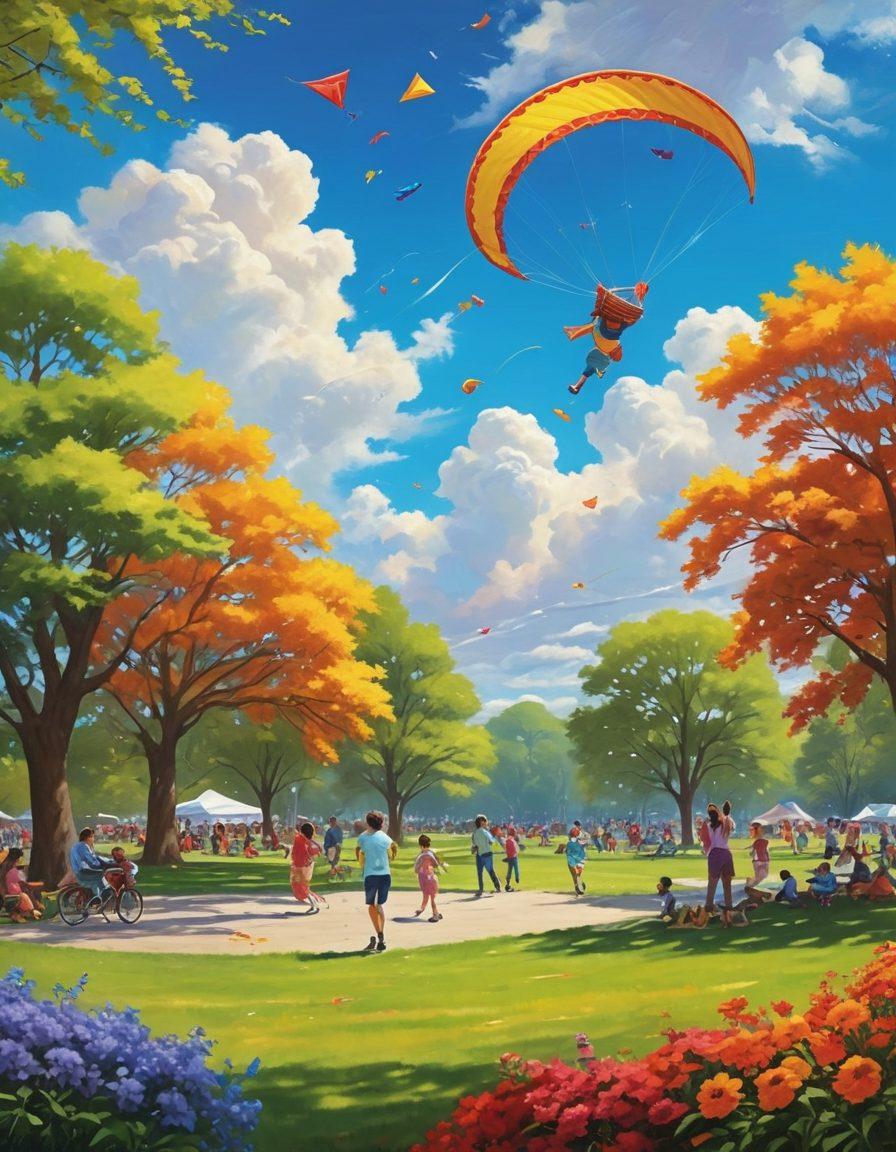 A vibrant scene depicting a lively park filled with people engaging in joyful activities, like playing frisbee, painting, and laughing with friends. Bright flowers bloom in the foreground while families picnic under a blue sky with fluffy clouds. Children fly kites, and a couple dances nearby, embodying the essence of playful joy in everyday life. super-realistic. vibrant colors. sunny atmosphere.