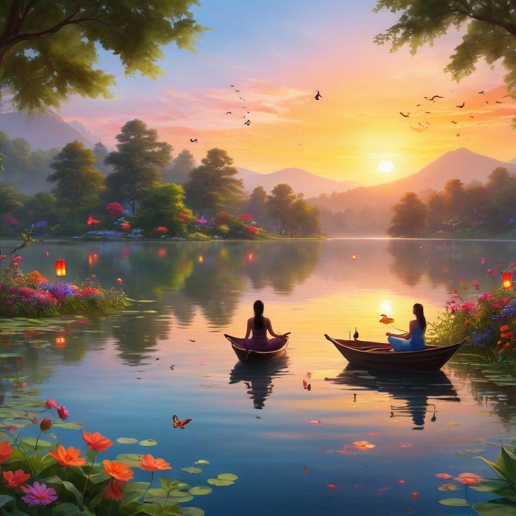 A serene landscape featuring a vibrant sunrise over a tranquil lake, with whimsical elements like floating lanterns and cheerful butterflies. Include a group of diverse people engaging in joyful activities such as yoga, painting, and playing music, surrounded by lush greenery and colorful flowers. The scene evokes a sense of happiness and mindfulness. super-realistic. vibrant colors. peaceful atmosphere.