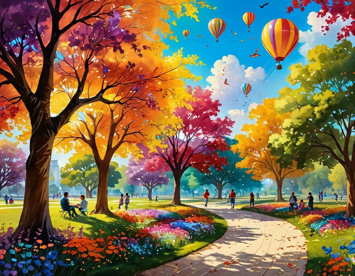 A whimsical scene featuring a sunlit park filled with colorful flowers, joyful people engaging in playful activities like kite flying and painting under vibrant trees. Include elements of joy like butterflies, balloons, and laughter. Create a feeling of warmth and serenity that sparks happiness. bright colors. cheerful atmosphere. painterly.